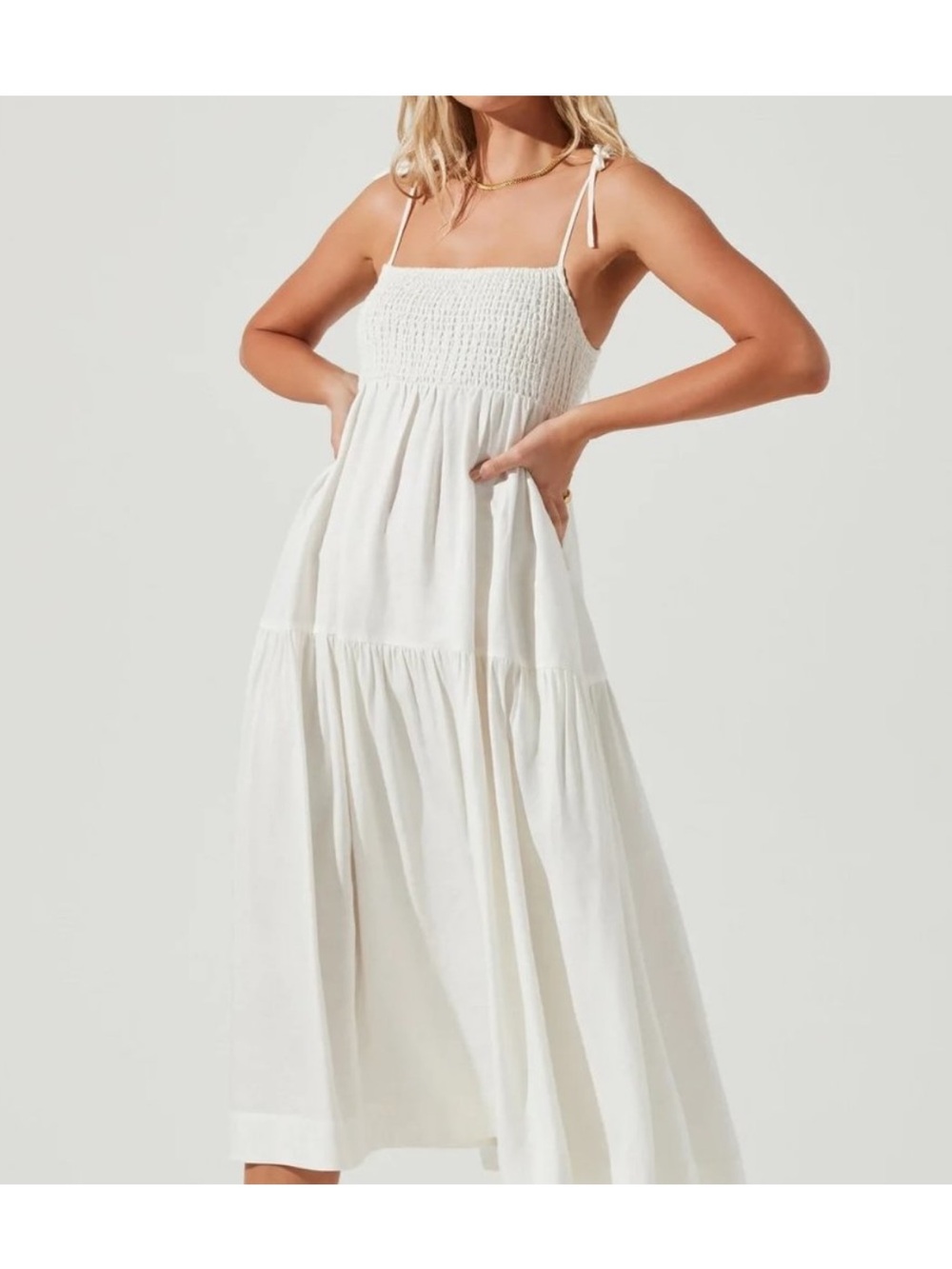 ASTR the Label White Smocked Tiered Maxi Dress